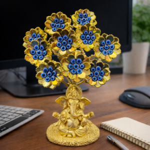 Lord Ganesha Under Evil Eye Tree – Golden Spiritual Protection Sculpture