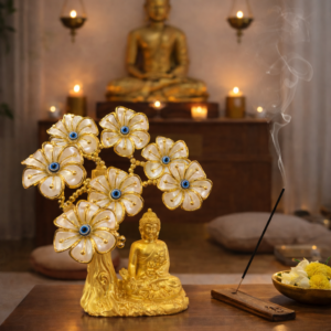 Evil Eye Golden Buddha Under Floral Tree – Spiritual Home Decor